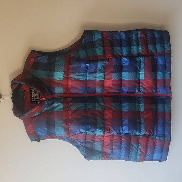 Lands End Multi Colored Plaid Down Fill Full Zip Puffer Vest Jacket, size 3x - Picture 1 of 8